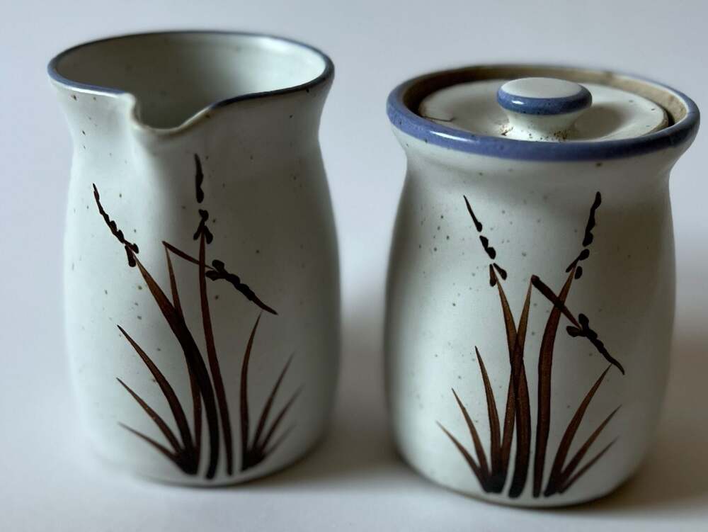 Handmade Studio Pottery Creamer and Sugar Bowl Set with Bamboo Motif